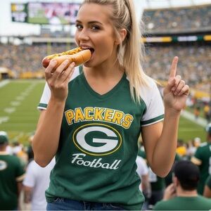 Green Bay Packers V-Neck Raglan Tee - Size Large